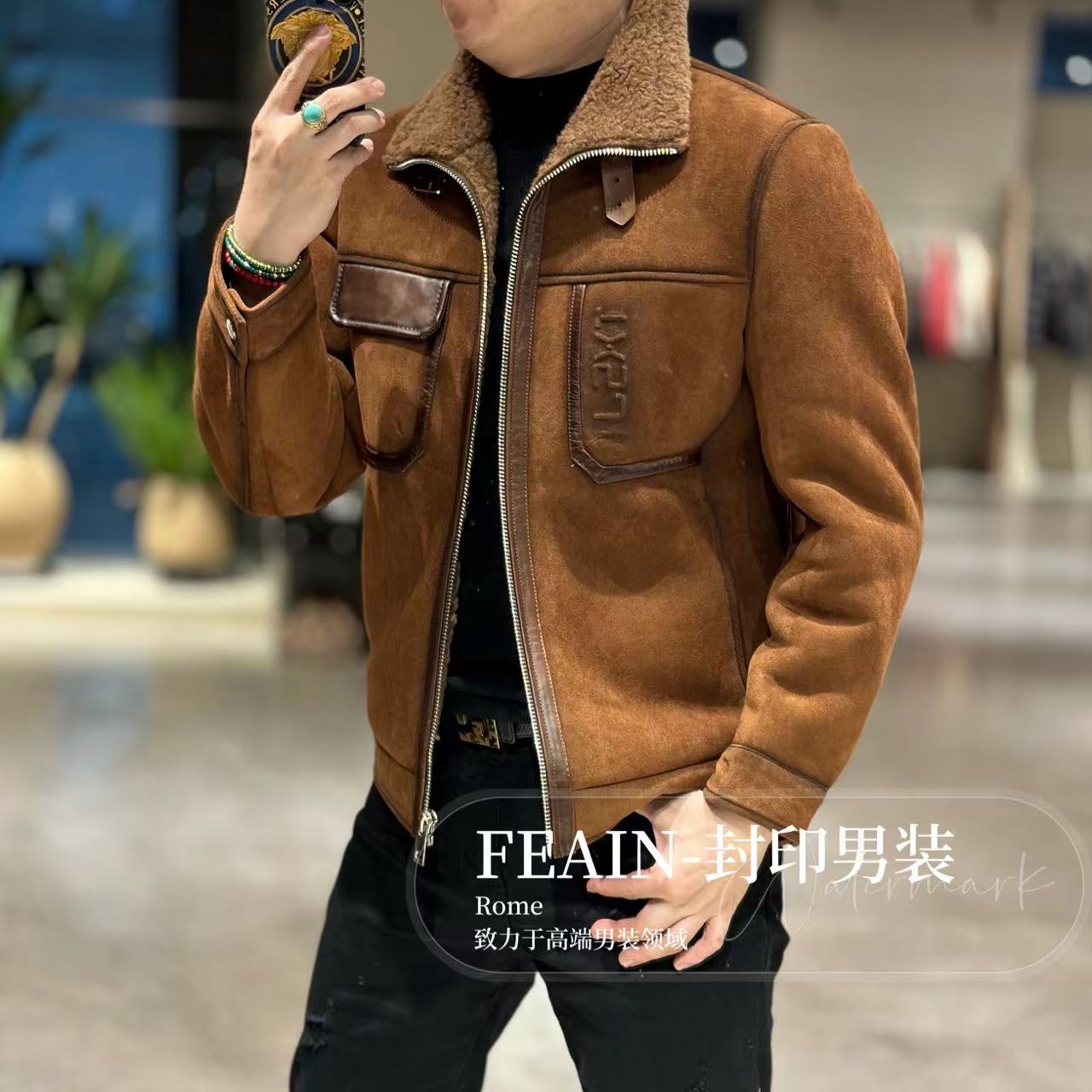 【100%羊毛】高端男士定制全羊毛机车真皮拼接夹克外套5200