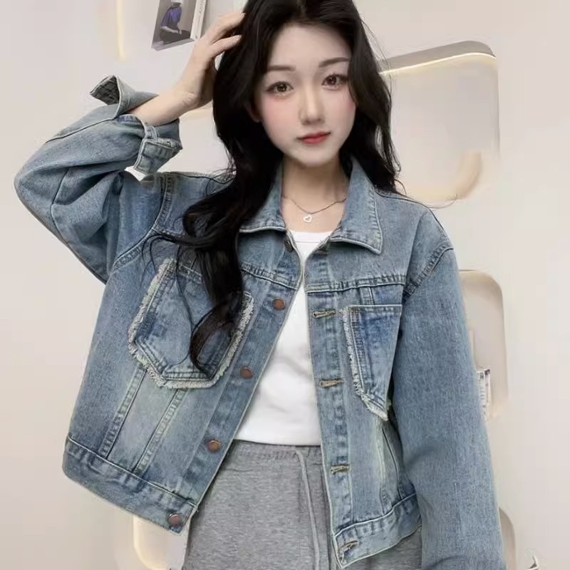 口袋须边牛仔外套女春季新款港风复古休闲宽松上衣2025