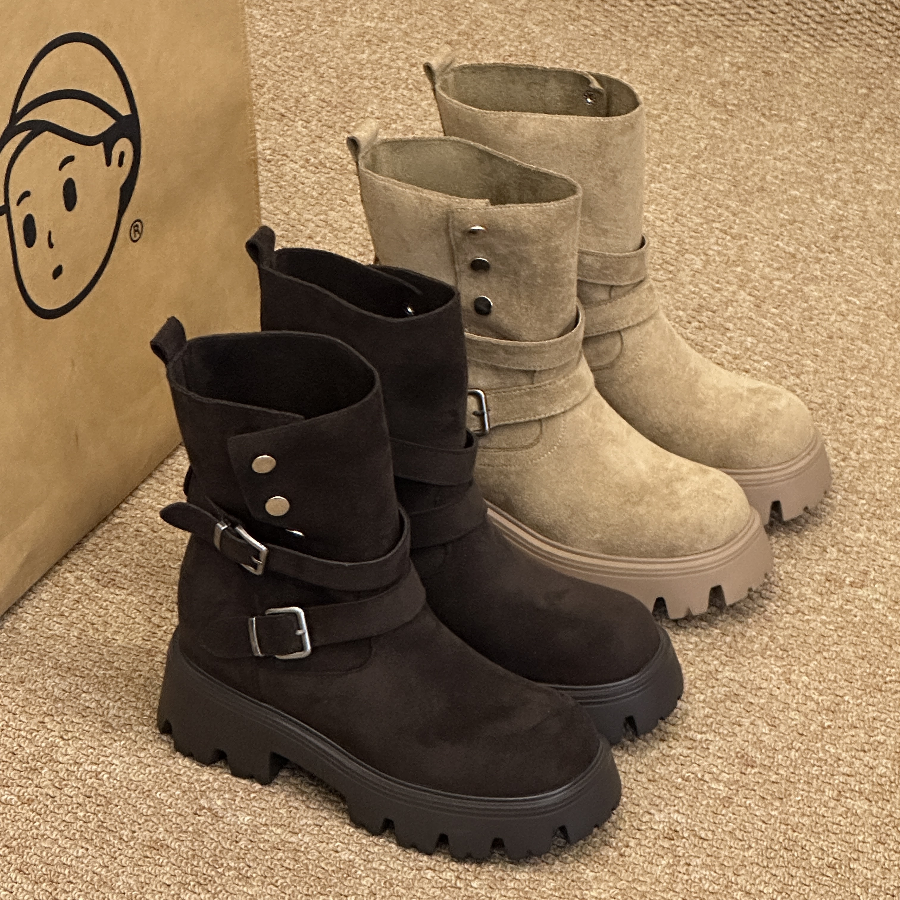 晚睡兰·内增高9cm小个子时尚经典翻折两穿粗跟超软秋冬中筒靴