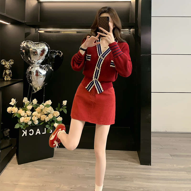 春秋新款针织衫毛衣高腰轻熟牛仔短裙显瘦时尚套装洋气减龄两件套
