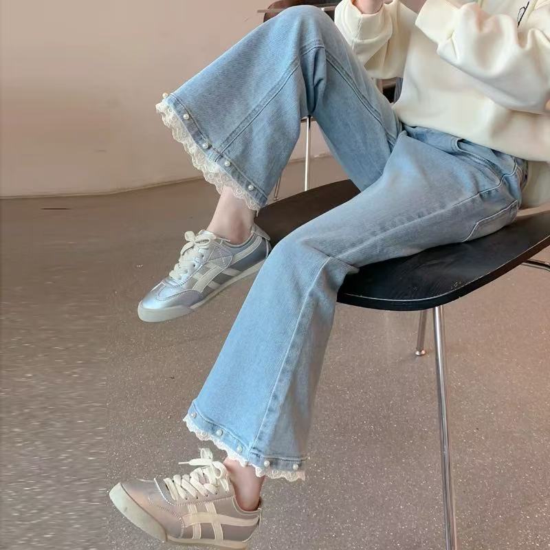 女童秋装牛仔裤2025春季新款儿童洋气女孩春秋裤子珍珠蕾丝喇叭裤