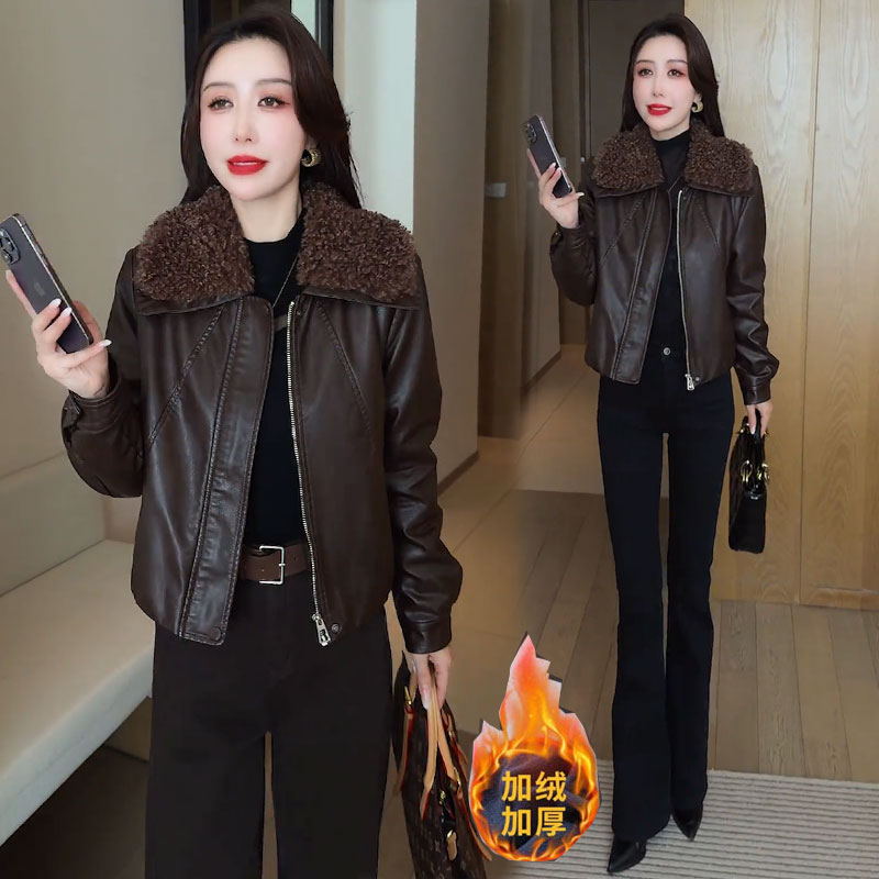 加绒加厚皮衣外套女2025冬季新款时髦洋气羊羔毛拼接翻领PU皮夹克