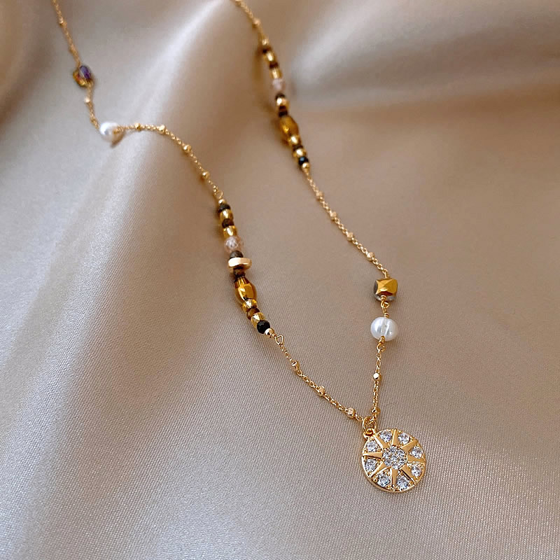 铜合金项链  美拉德金色星星圆盘串珠项链女秋冬高级感精致毛衣链