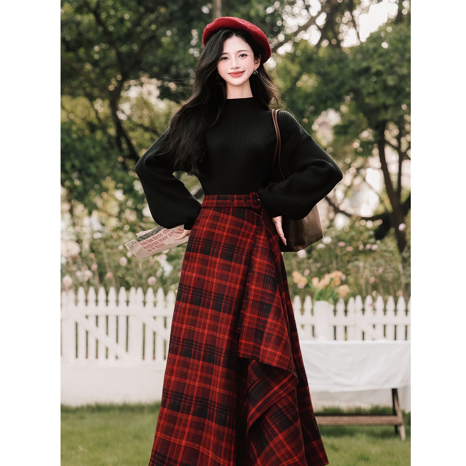 复古法式少女半高领毛衣两件套搭配格子裙套装冬洋气减龄套装摩登