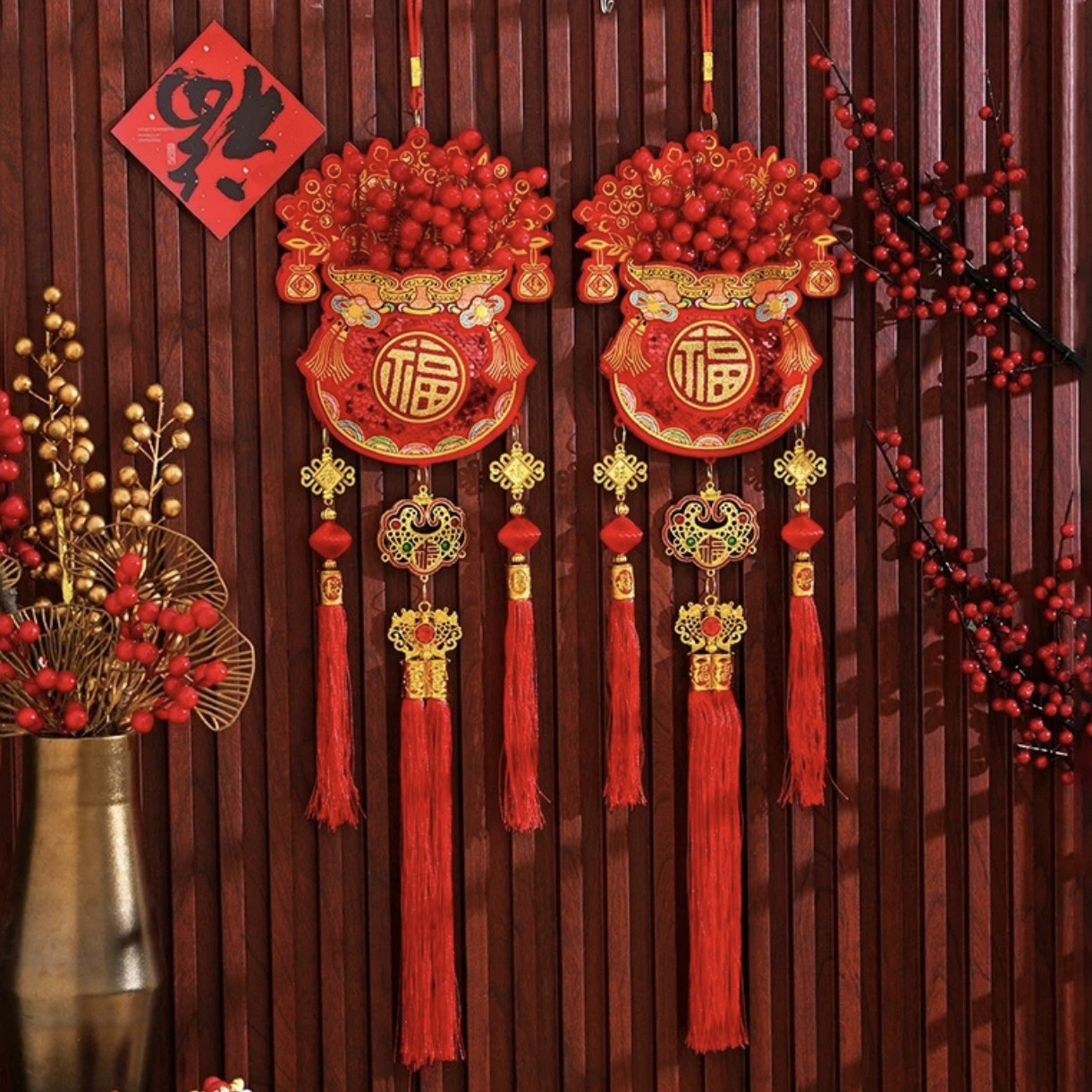 【新人王炸-红果福袋金锁挂件】乔迁节日客厅电视机玄关背景墙装饰