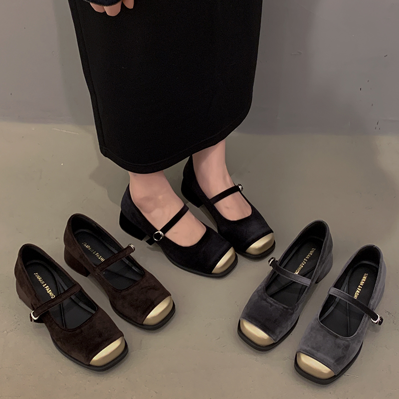 贾不假玛丽珍鞋女2025春季新款复古气质百搭小个子粗跟方头小皮鞋