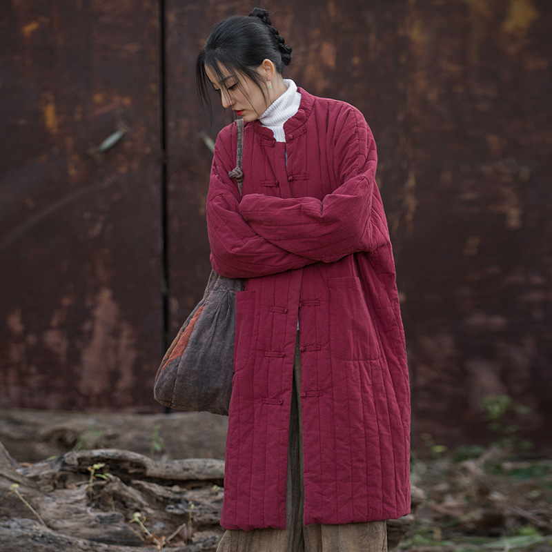 25冬棉麻女装新款夹棉加厚保暖炒色绗缝长外套盘扣女式长棉服棉衣