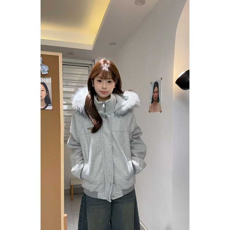 【8小时发货】座山毛领连帽休闲毛呢拼接男女秋冬棉服情侣款厚外套