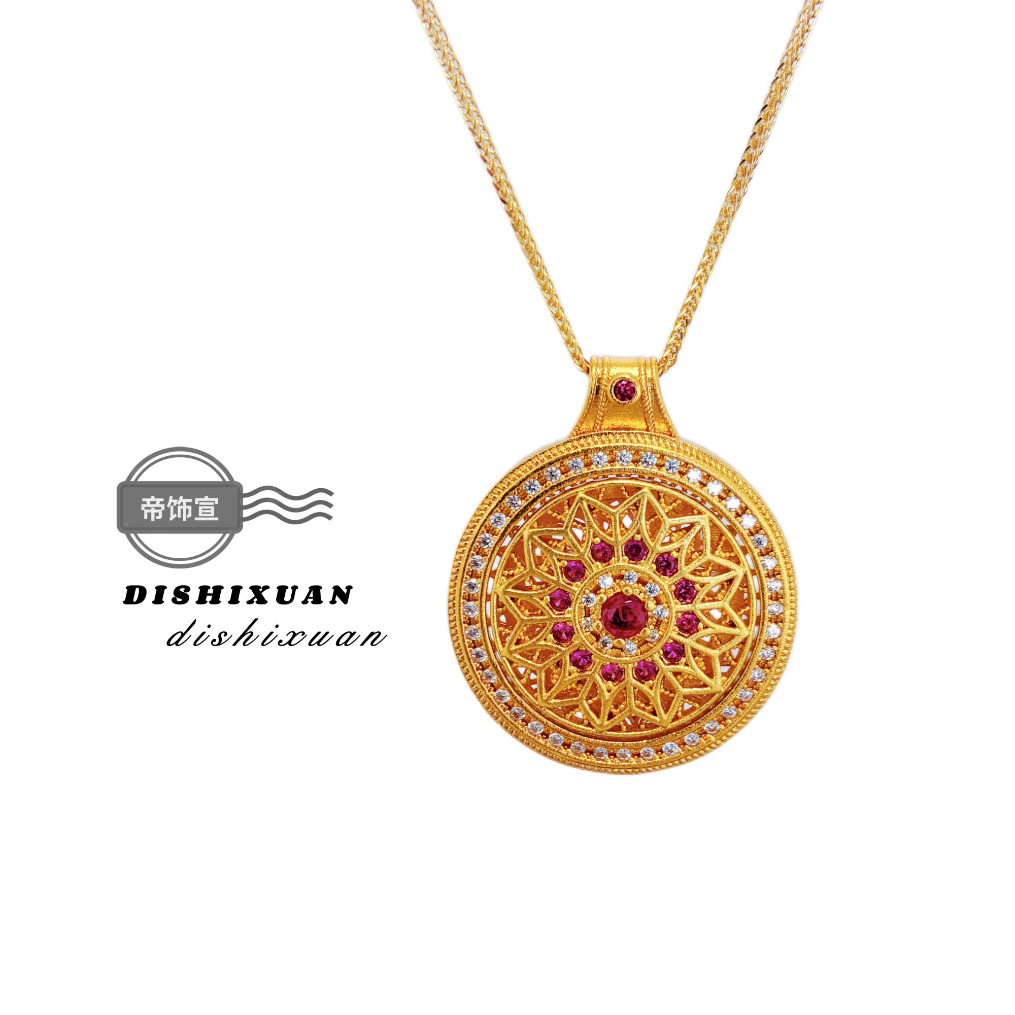 铜合金吊坠 新中式玫瑰花窗镶钻八宝罗盘可旋转吊坠项链送女友