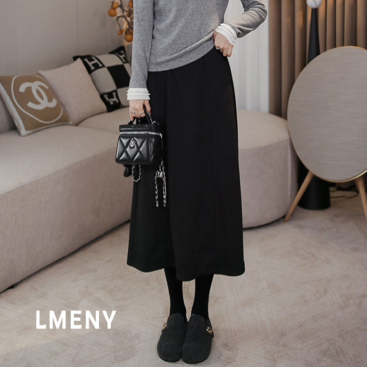 LMENY“鱼骨裙”加绒伞裙女25冬新款醋酸松紧腰灰色半身裙25DQ015