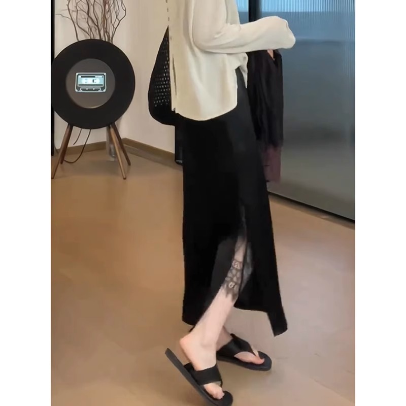 醋酸半身裙女夏季缎面高腰显瘦a字裙蕾丝拼接开叉气质中后妈裙