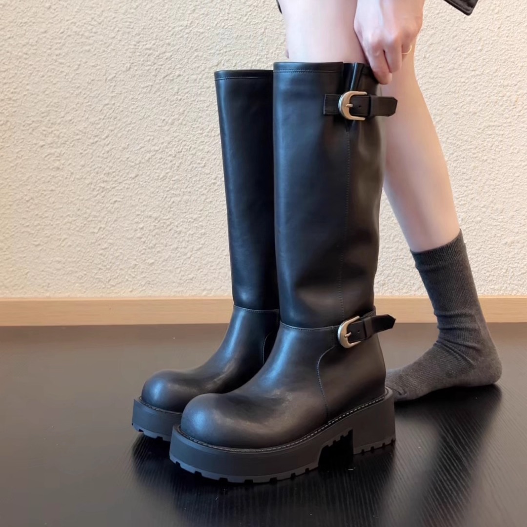Pokoy-7.5cm皮带扣女百搭气质复古不过膝骑士靴高筒靴秋冬季