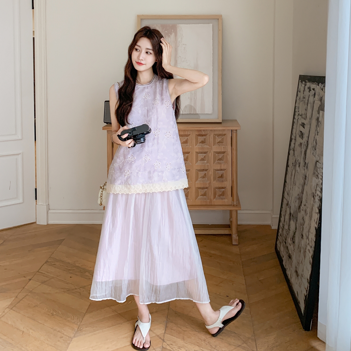 清纯系松弛感套装裙夏季高级小众不撞款紫色提花背心半身裙两件套