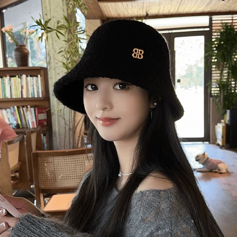 羊羔绒渔夫帽女秋冬韩版保暖毛呢盆帽大头围毛绒帽子女冬天高级感