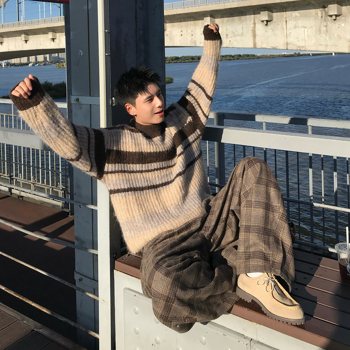 Holocene美式潮牌条纹毛衣男生秋冬宽松撞色时尚宽松针织衫42636