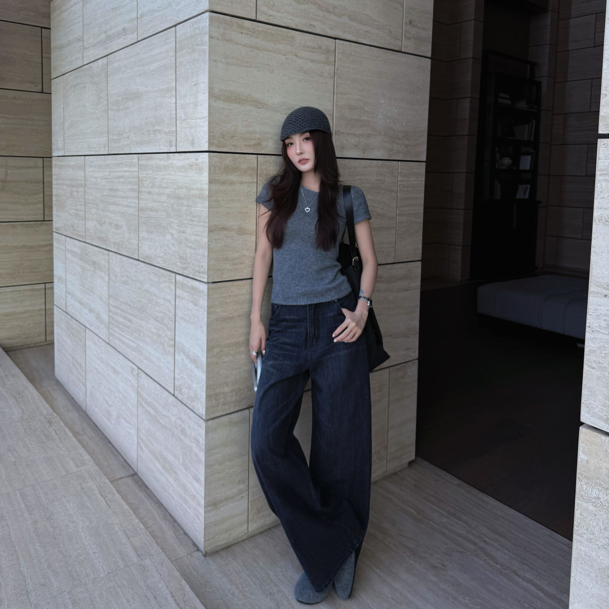 Moprobably李予诺「寇质黑牛」美式百搭水洗黑色直筒牛仔裤L5373009