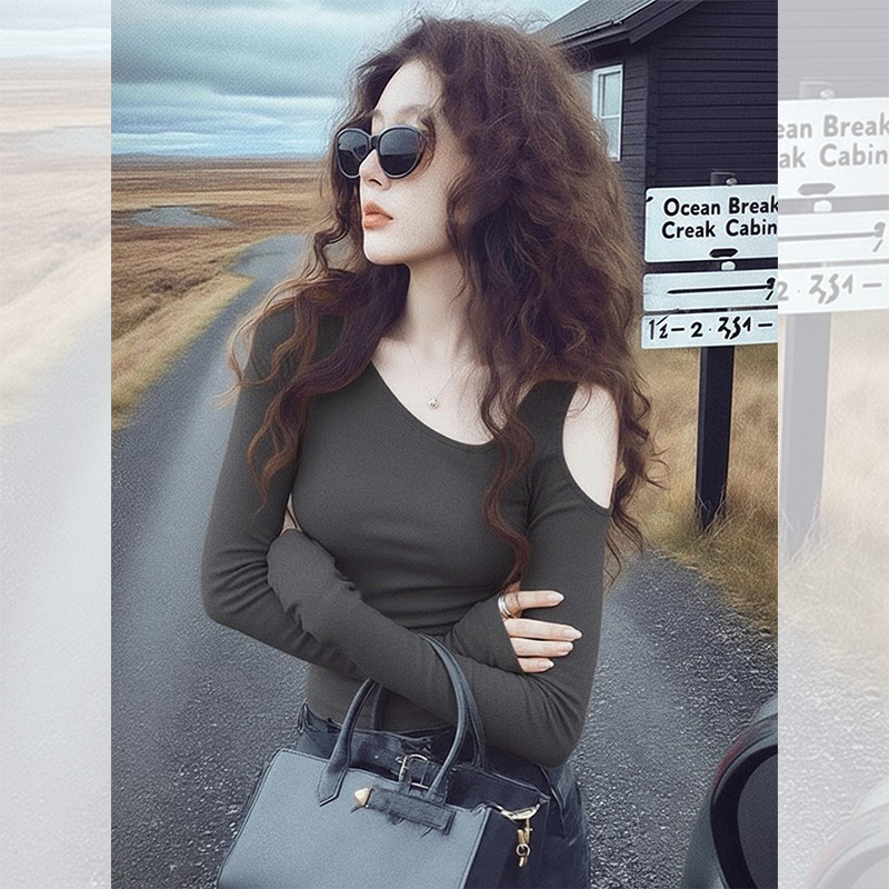 独特漂亮灰色露肩小衫韩系秋冬季穿搭内搭长袖t恤洋气上衣服女装