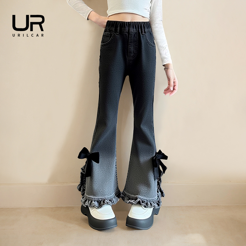 女童秋冬牛仔喇叭裤小女孩加绒牛仔裤微喇蝴蝶结公主风百搭长裤潮