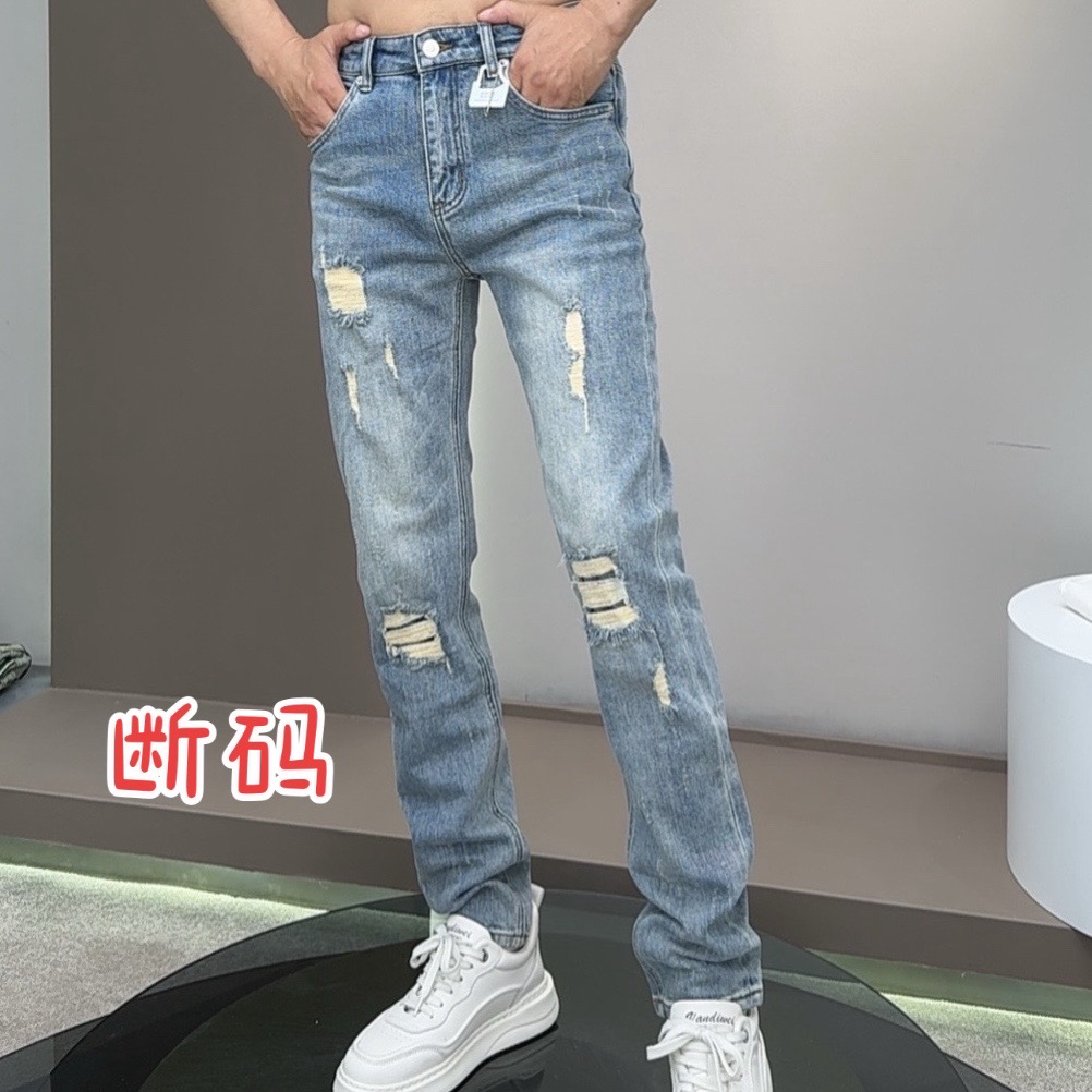 断码韩版痞帅显瘦男士修身破洞牛仔裤蓝色潮流裤6988