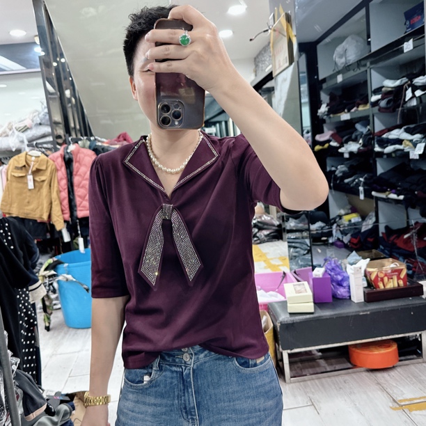 早秋中袖精梳棉夏秋穿烫钻领带4色上衣69027欧美