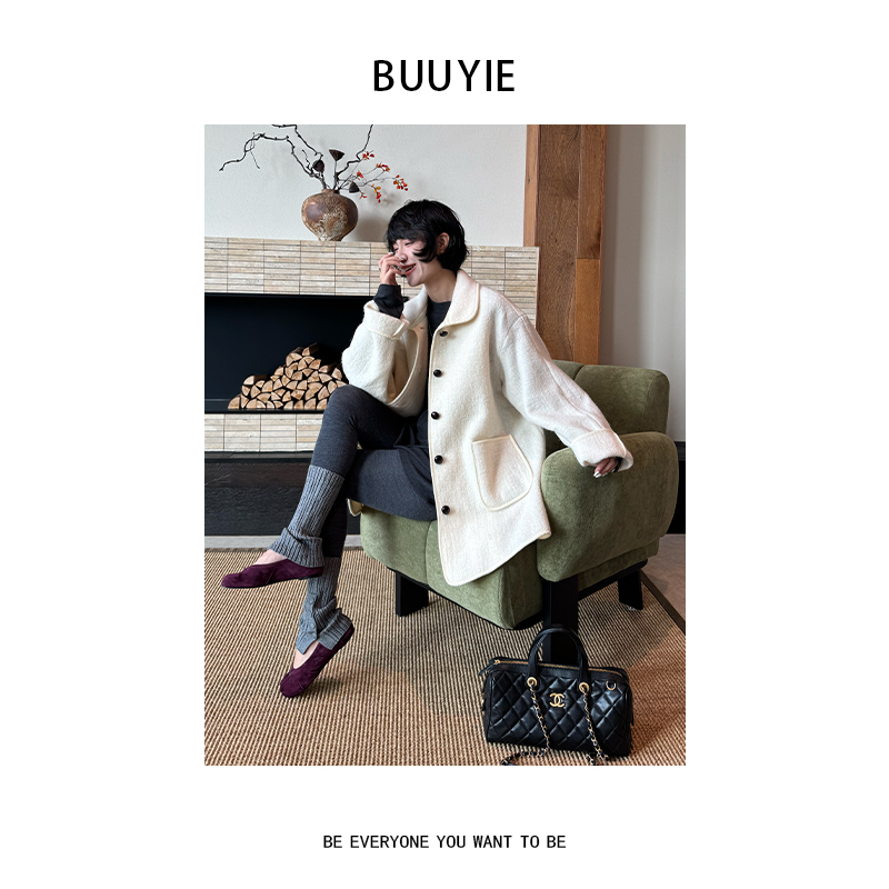 BUUYIE 25SS（简意奢雅）显瘦翻领系扣纯羊毛外套 2470556
