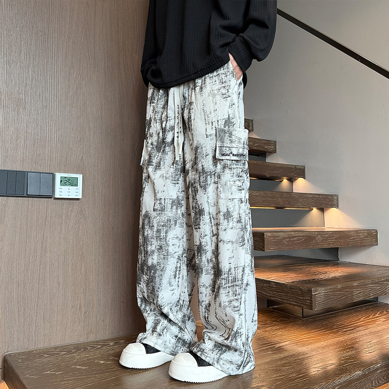 美式复古印花工装休闲裤男生宽松显瘦直筒阔腿裤百搭大码运动长裤