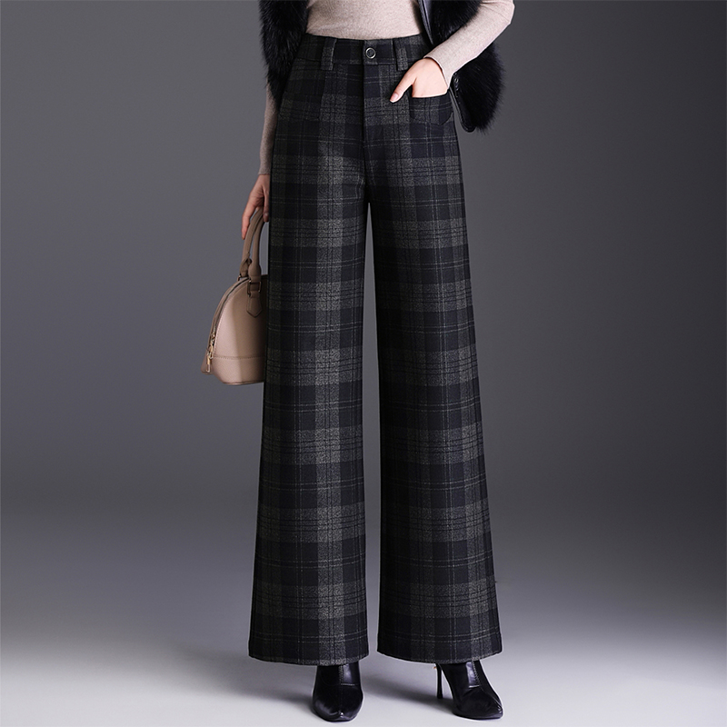 复古格子毛呢阔腿裤女秋冬新款高腰显瘦女士裤子长裤直筒休闲女裤