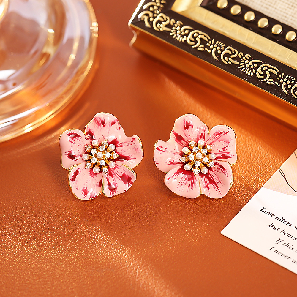 铜合金耳饰 法式花朵滴油耳钉手工彩绘高级感时尚气质耳饰名媛风