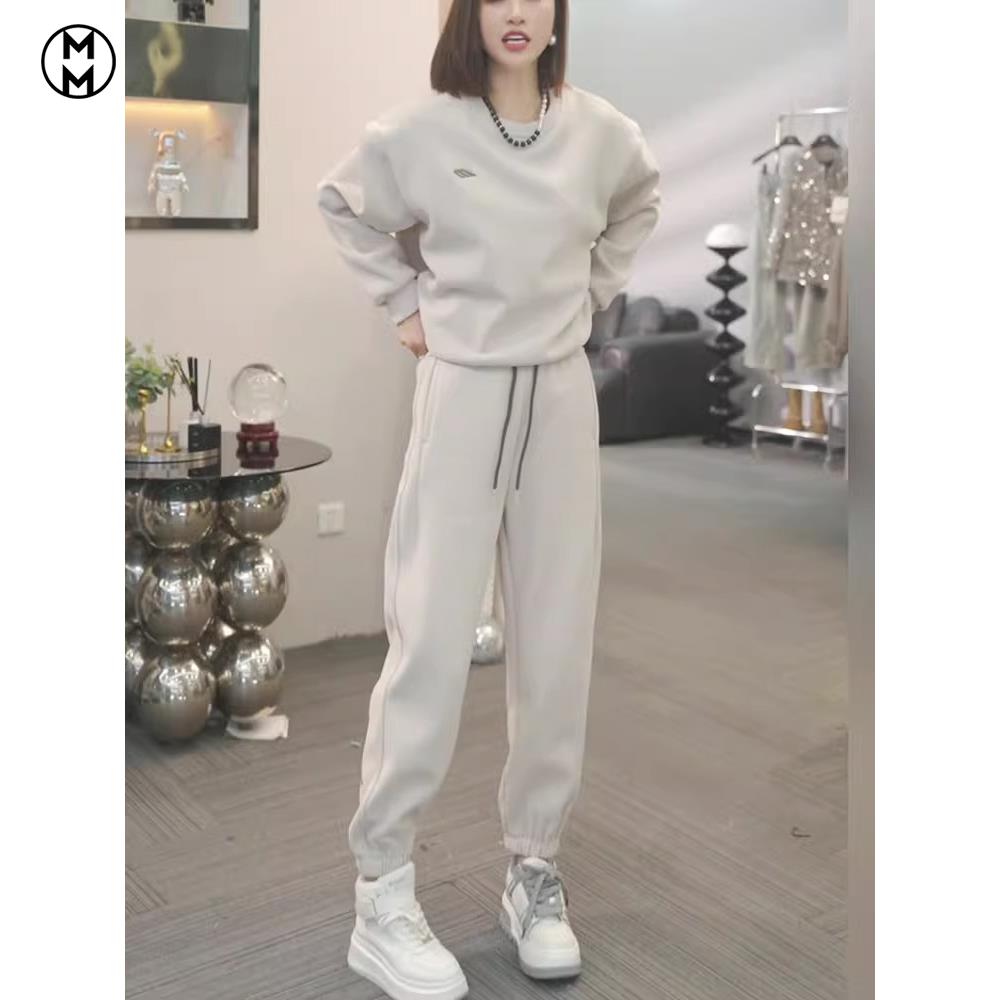 MM休闲束脚裤运动风一整套春秋新款圆领杏色简约风保暖卫衣两件套