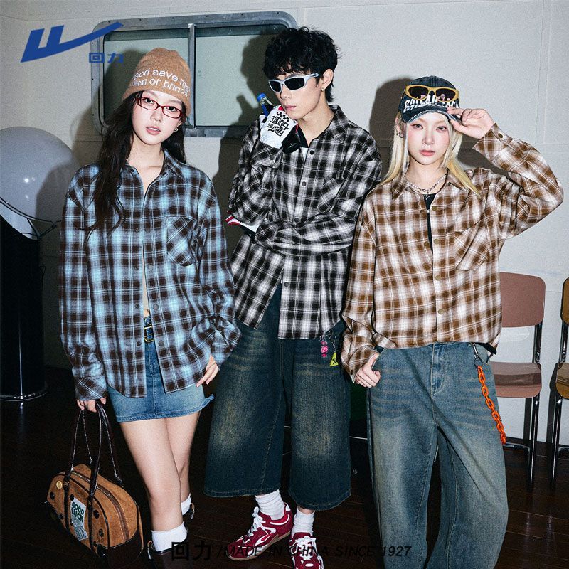 回力格子衬衫男士2025新款秋季复古宽松长袖衬衣美式休闲撞色开衫