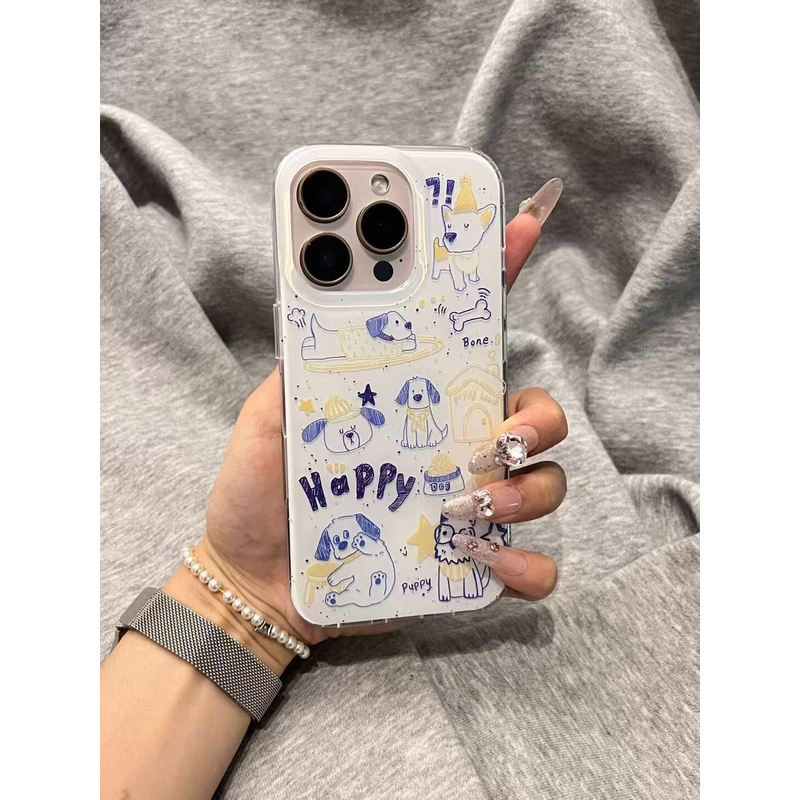涂鸦蓝黄小狗适用苹果16Promax大孔手机壳vivo华为oppo小米15女13