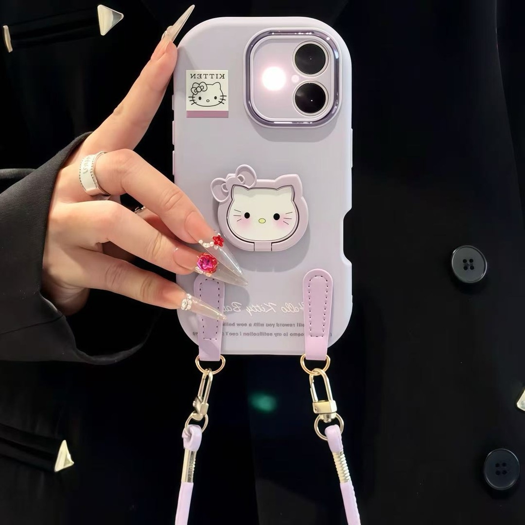 适用温柔紫Kitty支架挂绳苹果17手机壳iPhone16小米vivoppo华为80