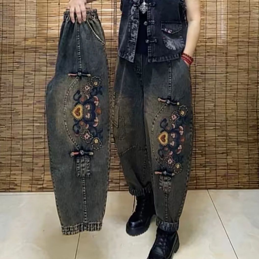 高质量新款复古刺绣水洗牛仔裤贴布松紧老爹大码宽松哈伦休闲九分