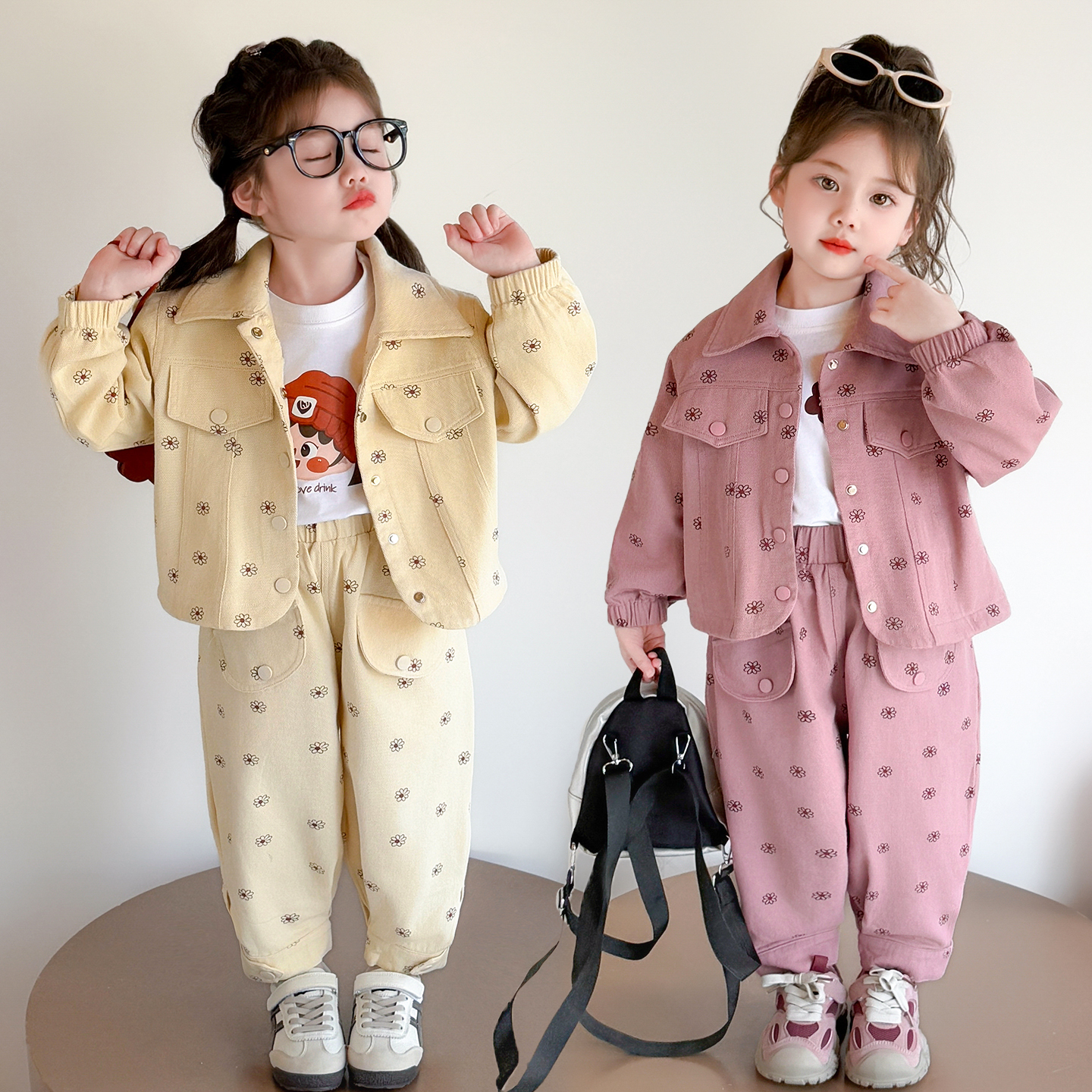 女童花朵套装春秋款2025新款翻领夹克外套休闲裤两件套小女孩童装