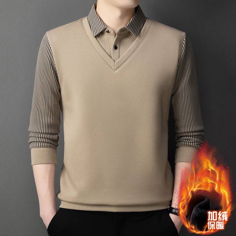冬季男士加绒加厚保暖毛衣男衬衫领假两件针织打底衫上衣男装