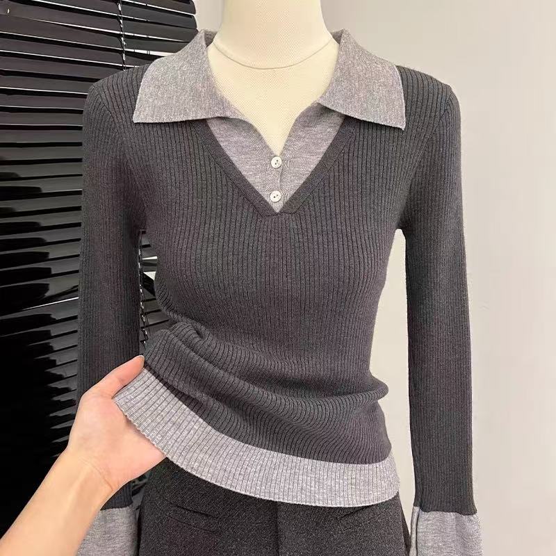 【80-180斤】拼接假两件Polo领长袖针织打底衫女秋冬毛衣内搭上衣潮