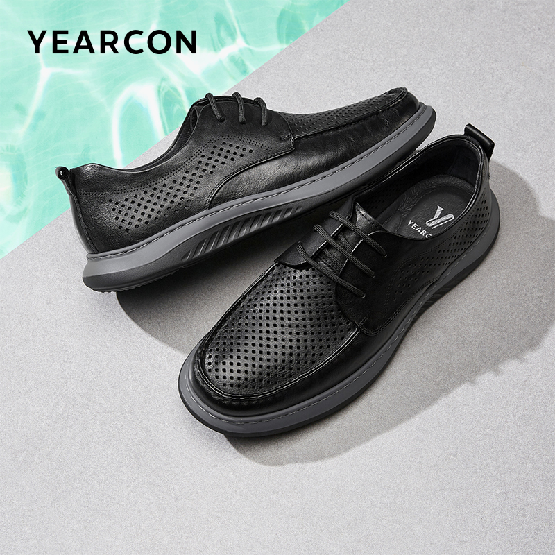 意尔康皮鞋男2025夏款真皮打孔透气休闲鞋时尚简约潮流系带运动鞋