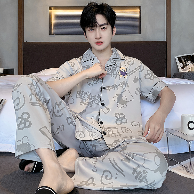 【100%纯棉】夏季男士短袖长裤纯棉睡衣套装家居服青年学生开衫款