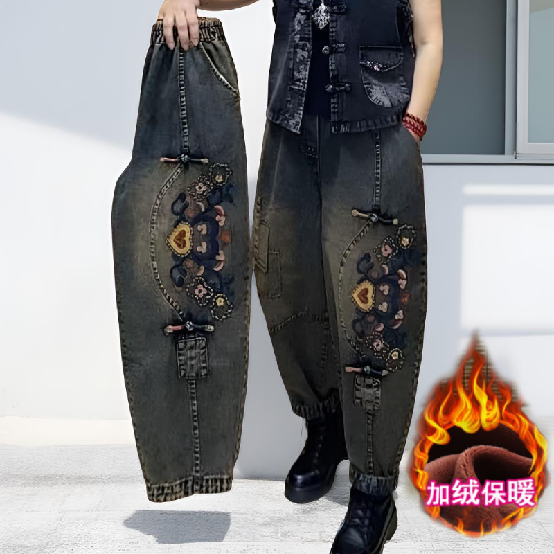 复古民族风刺绣牛仔九分裤女冬季加厚绒新款宽松显瘦大码哈伦裤