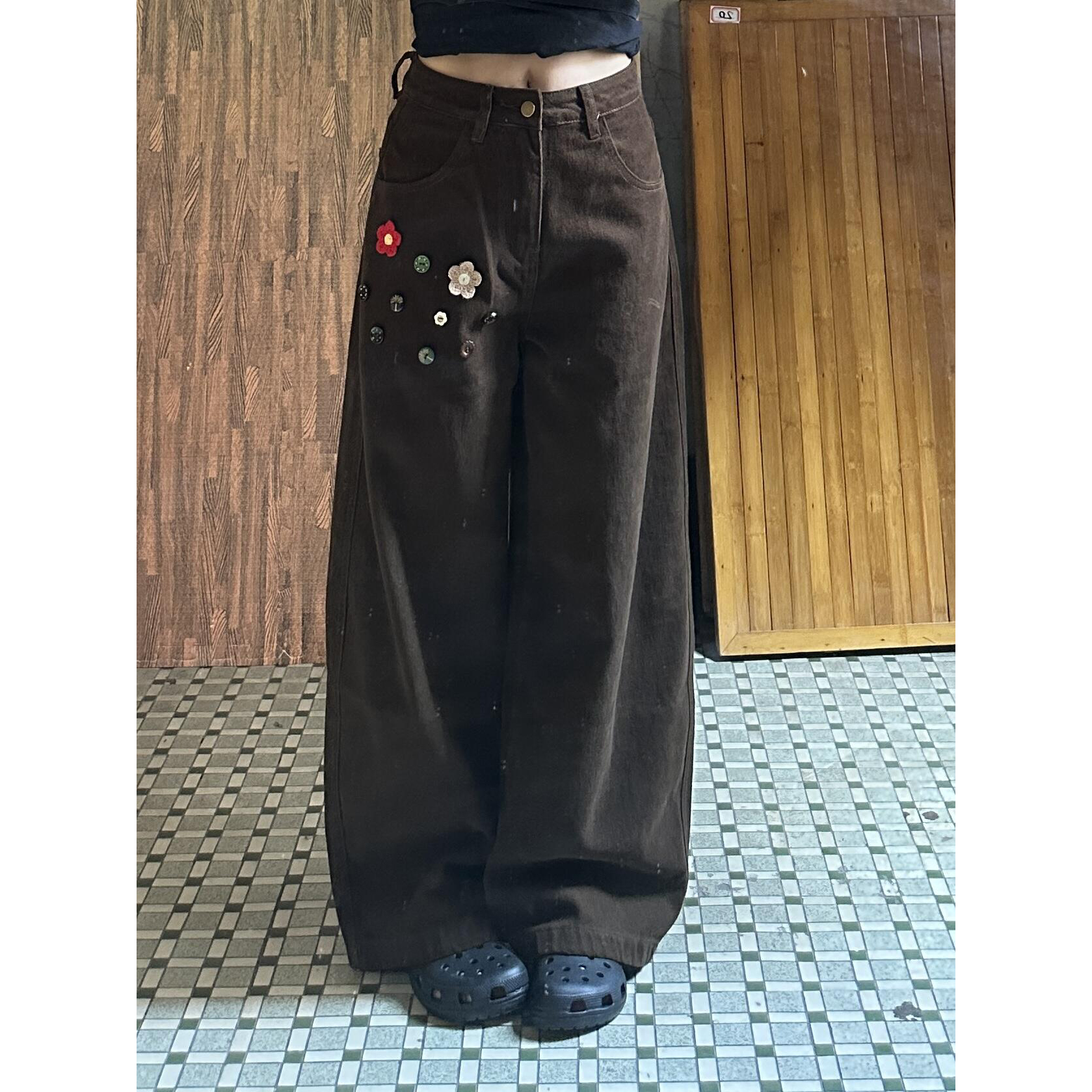 花朵纽扣设计感工装百搭牛仔裤女复古水洗潮牌休闲显瘦垂感阔腿裤