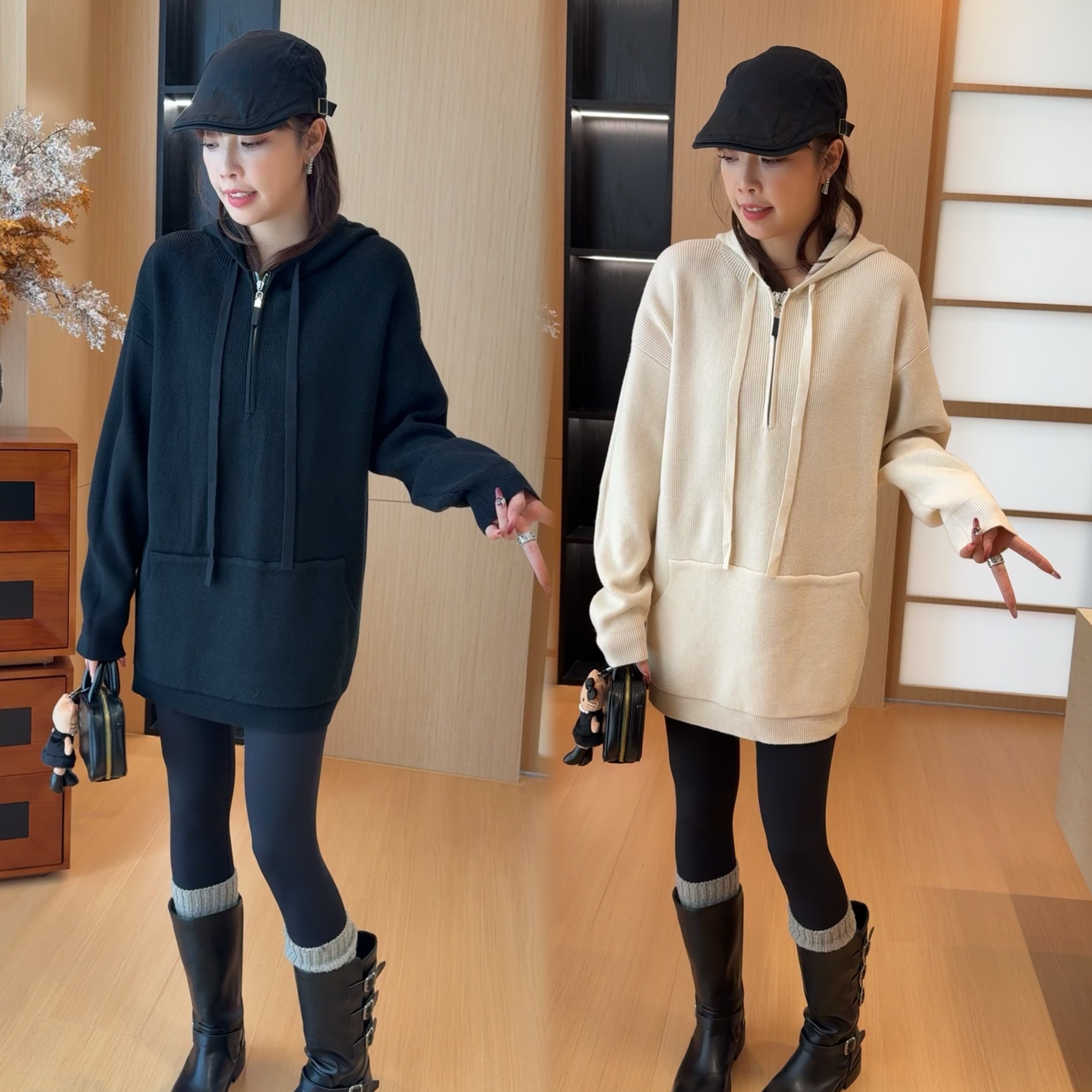 二姐的宝藏秋冬简约气质慵懒风大口袋连帽拉链纯色针织衫#25440