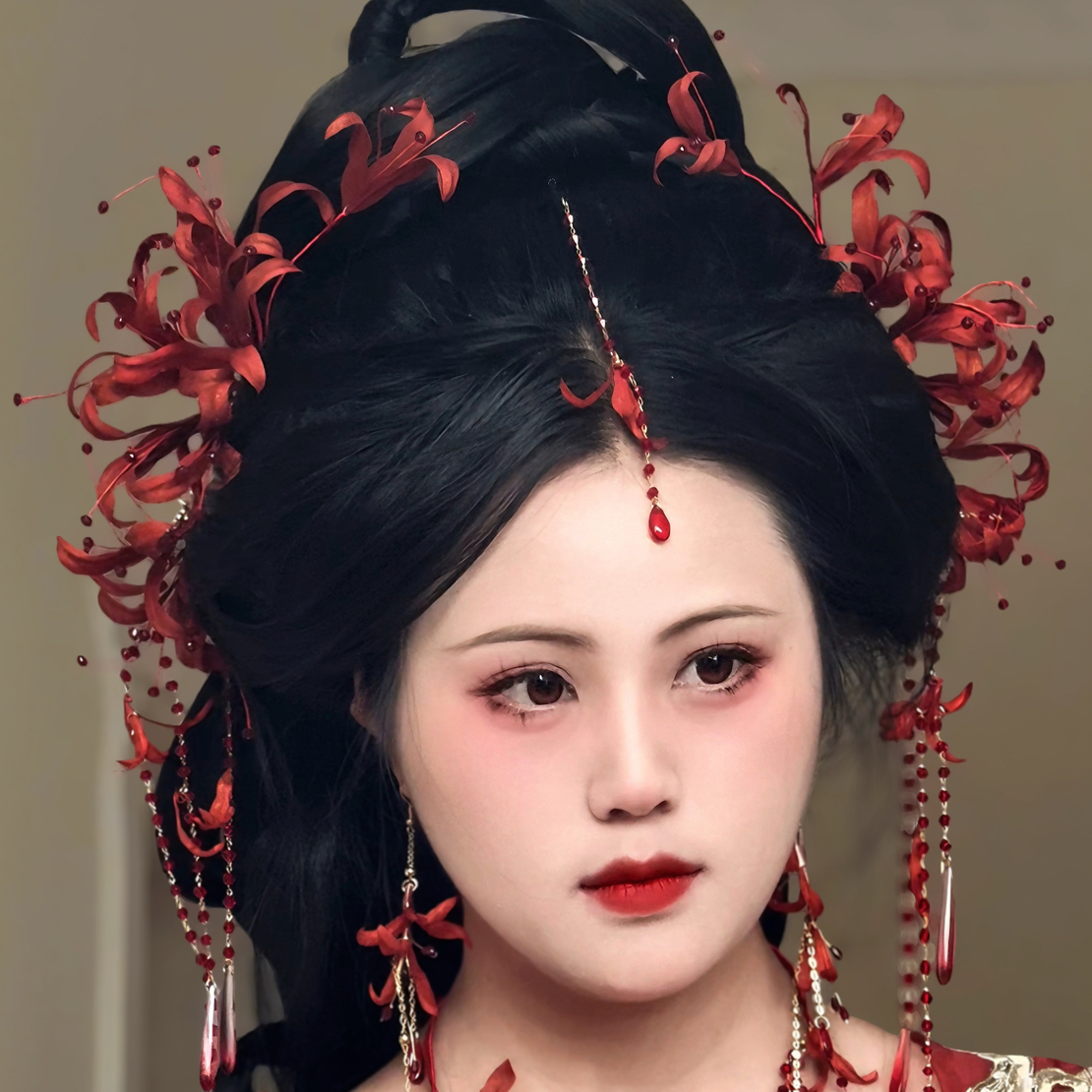 原创（曼珠沙华）彼岸花发饰汉服古风发饰发夹软簪璎珞单品套装链接