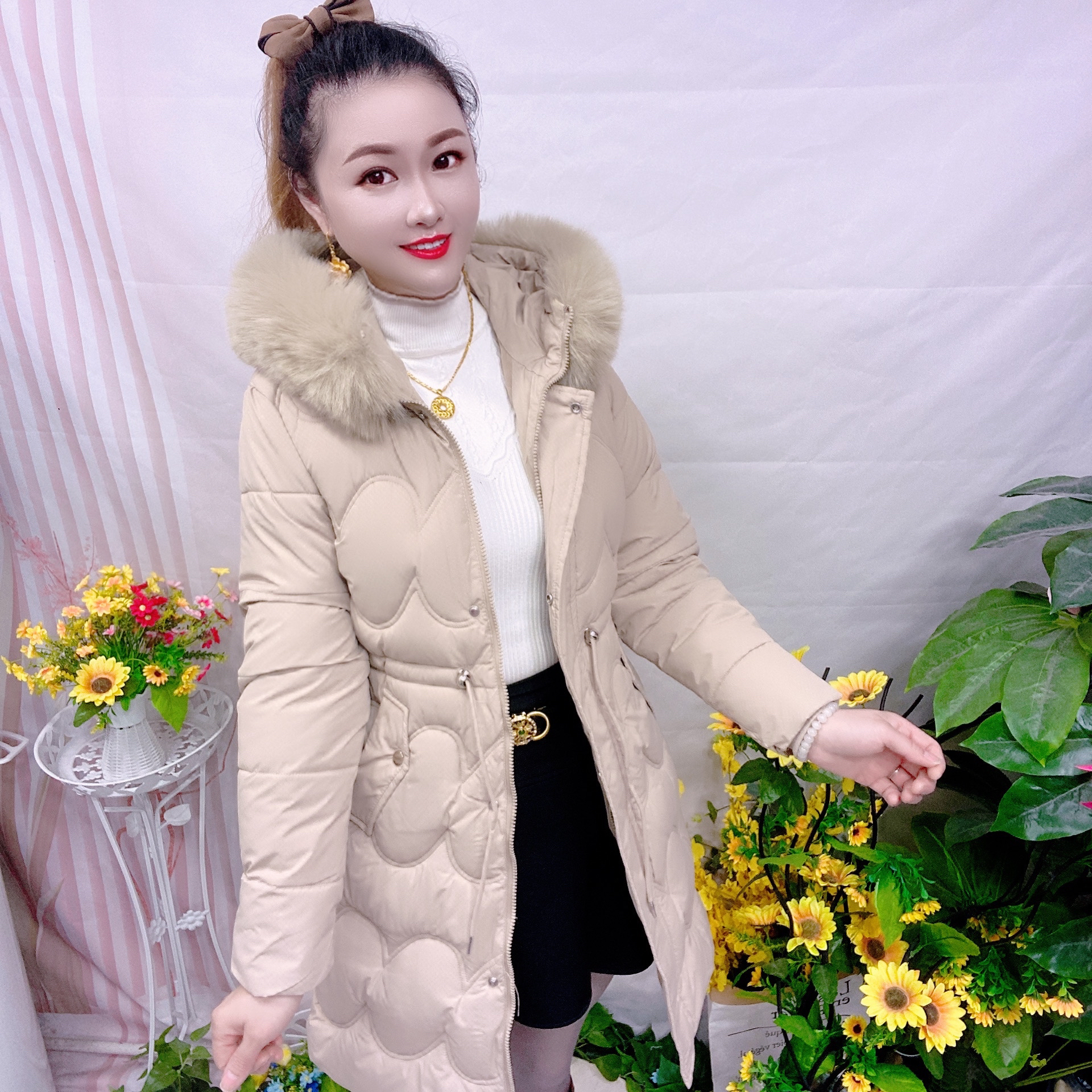 冬季长款韩版修身大毛领加厚保暖显瘦收腰棉服女棉袄外套