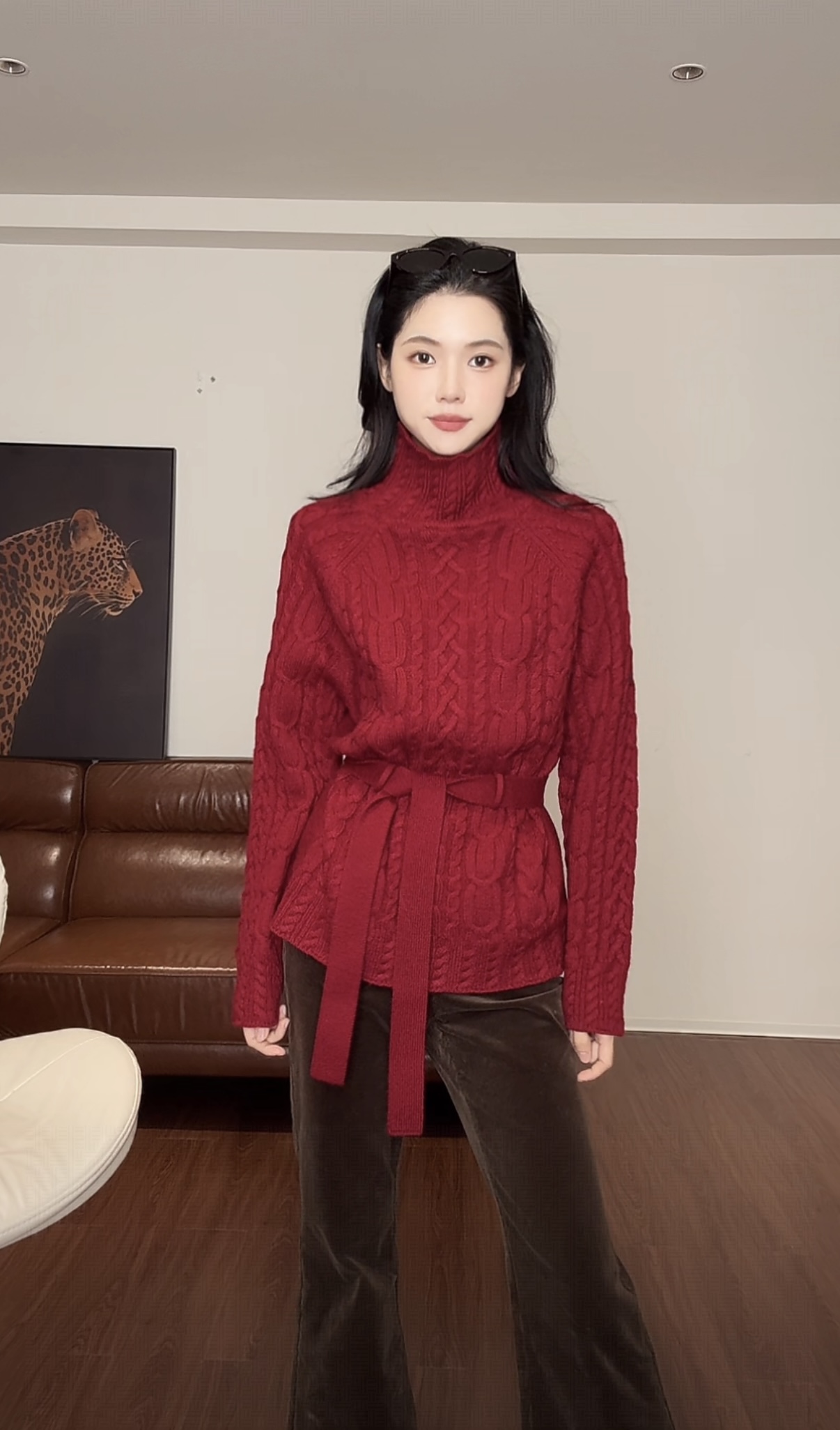 ZOUYASHIFA 【系带毛衣】秋冬宽松高领麻花套头针织衫 YSA89288