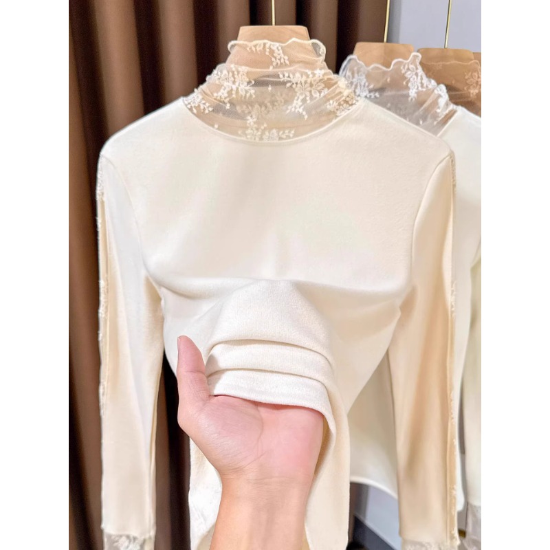 高级感高领磨毛蕾丝打底衫女秋冬新款加厚保暖牙签绒叠穿内搭小衫