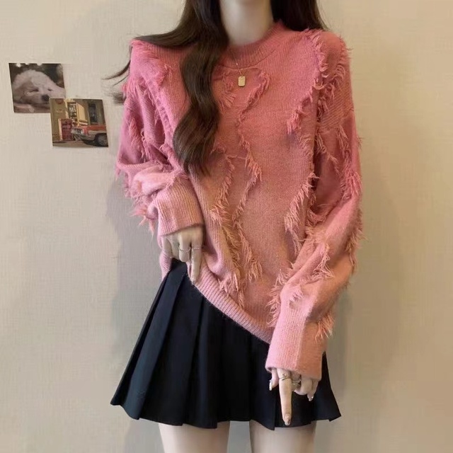 美式复古渐变色毛衣女秋冬大码胖mm设计感流苏长袖针织衫爆款上衣