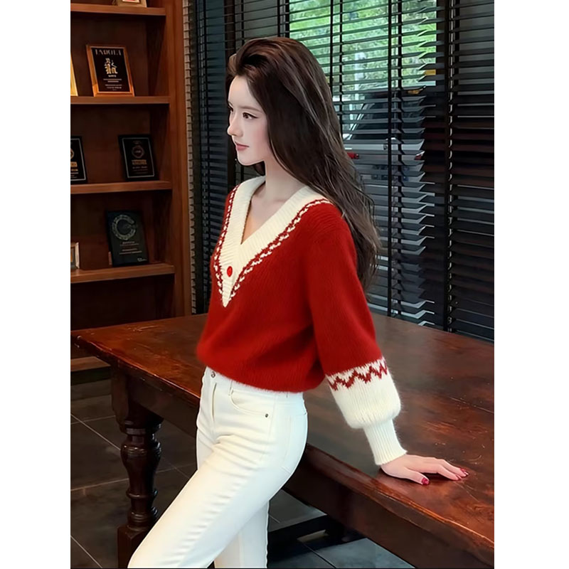 2025秋冬轻熟风时尚独特高级感气质红色V领灯笼袖针织毛衣上衣女