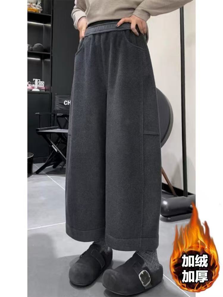 小个子加绒加厚显瘦阔腿裤女冬季新款休闲裤子保暖百搭时尚九分裤