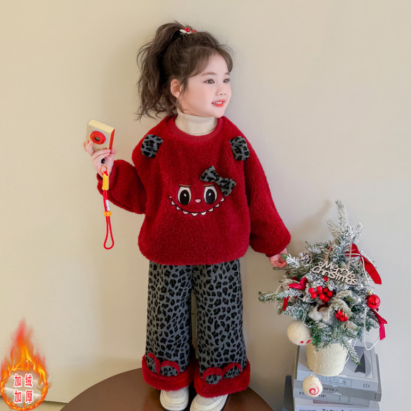 女童加绒洋气冬装25新款儿童秋冬季卡通毛毛卫衣女宝宝加厚套装