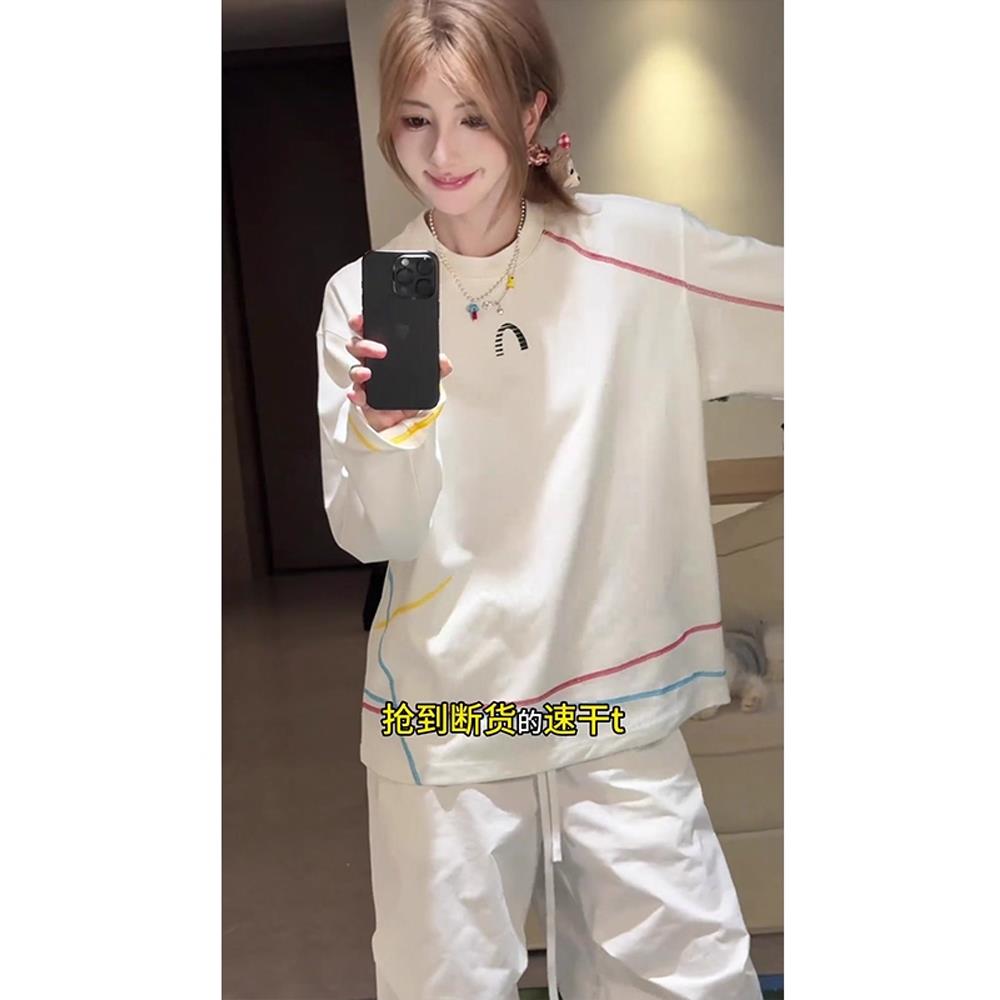 cleanfit白色运动速干长袖T恤男男夏季冰丝凉感条纹情侣圆领上衣